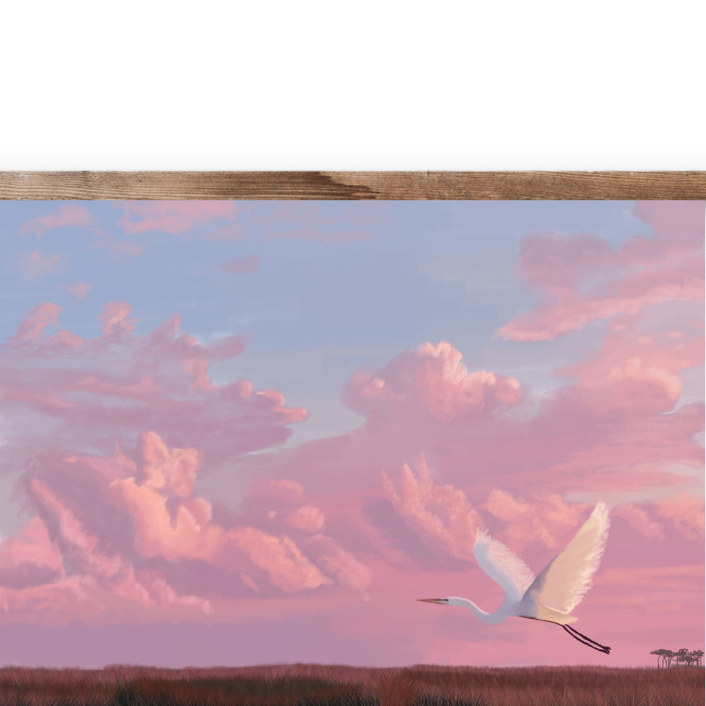 Close-up of the pink cloud and egret details in A Wider Sky