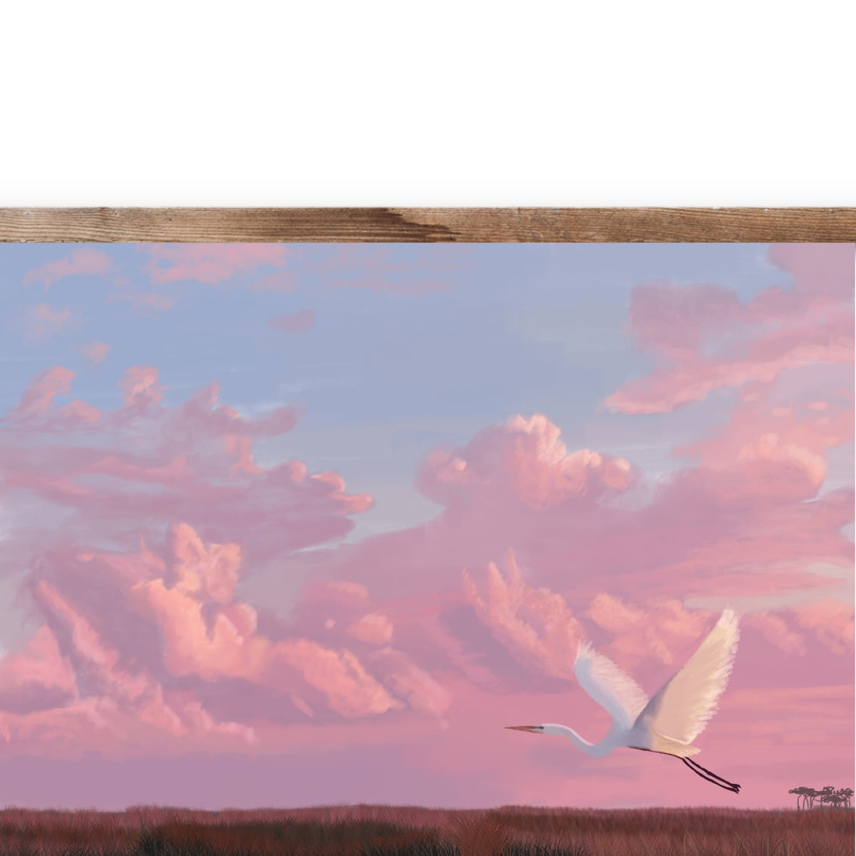 Close-up of the pink cloud and egret details in A Wider Sky