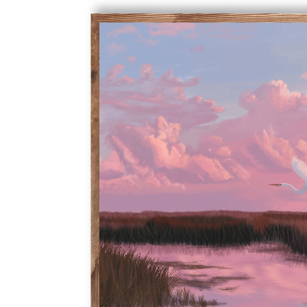 Close-up detail of A Wider Sky fine art print and natural wood frame