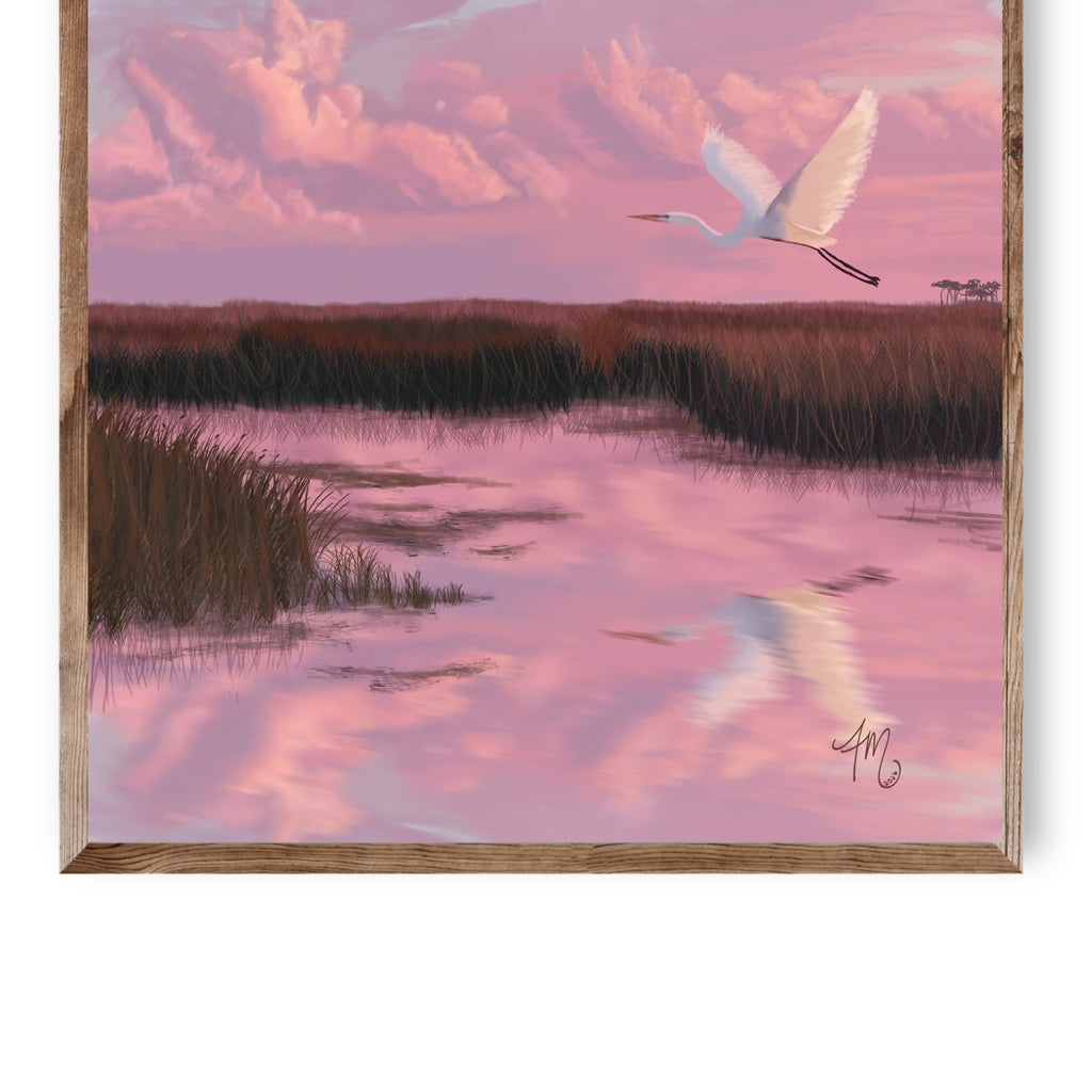 Close-up of the marsh, water reflection, and egret in A Wider Sky