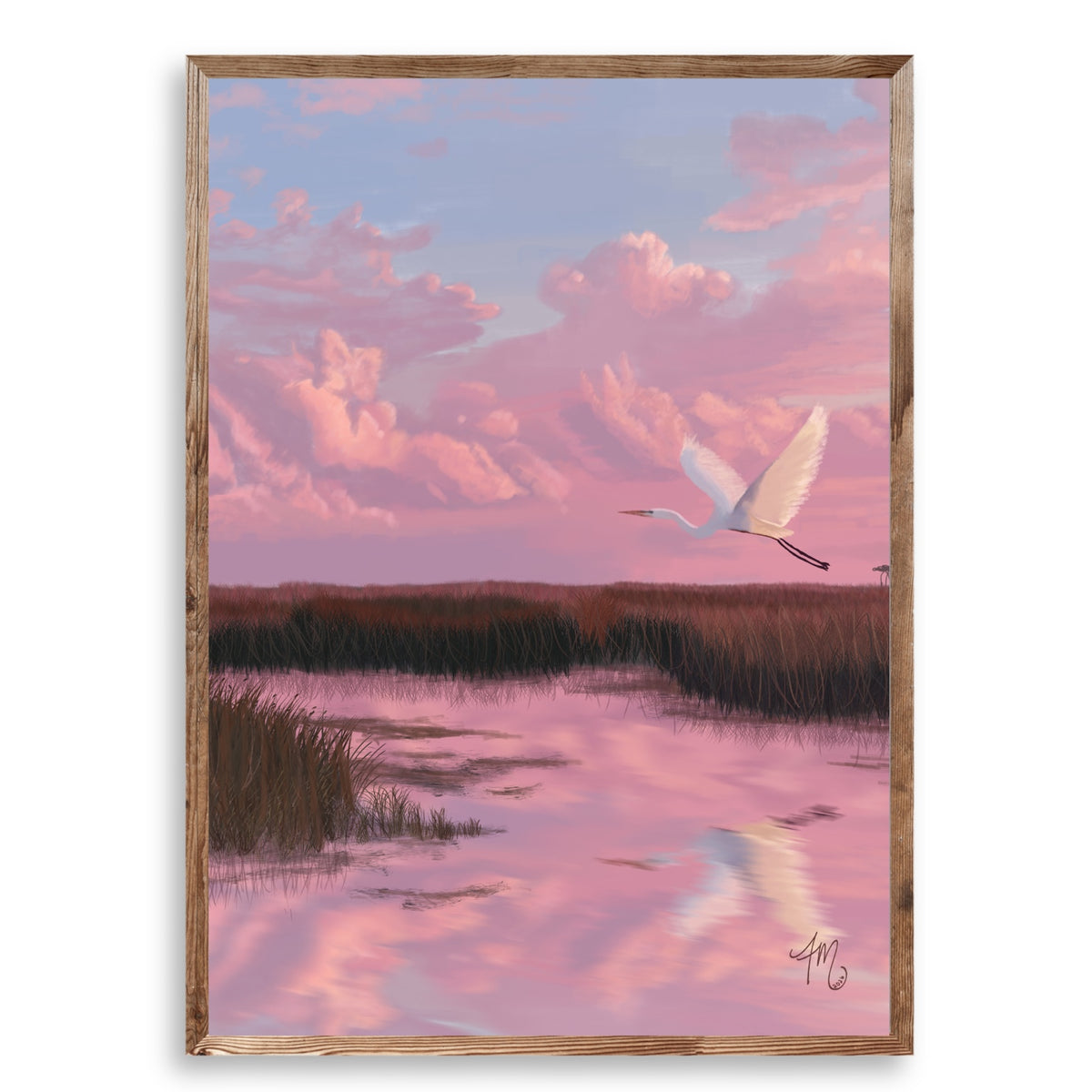 A Wider Sky coastal marsh fine art print in a natural wood frame