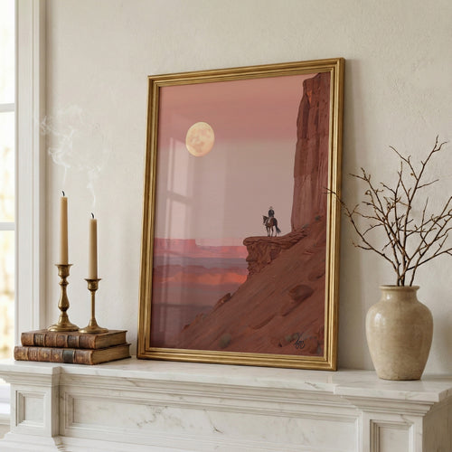 Desert Moon western fine art print styled on a mantel in a gold frame