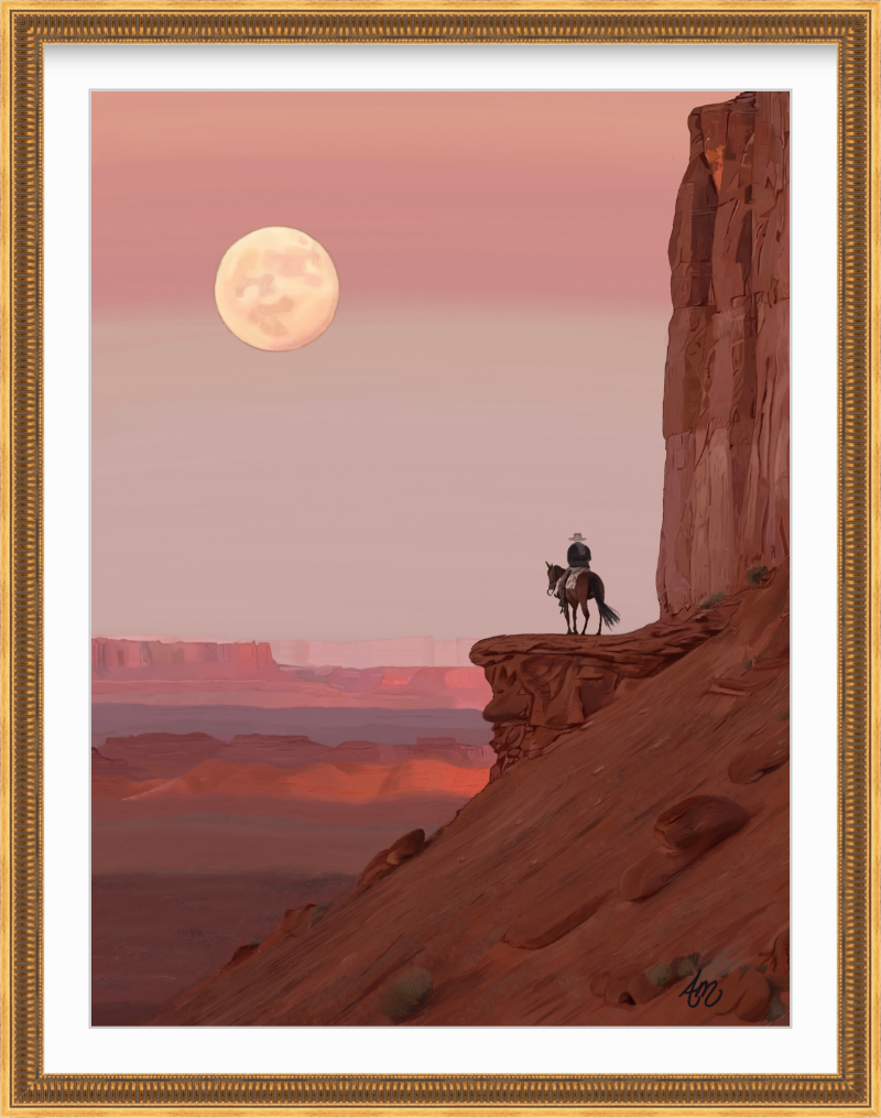Desert Moon fine art print in an ornate gold frame with a white mat