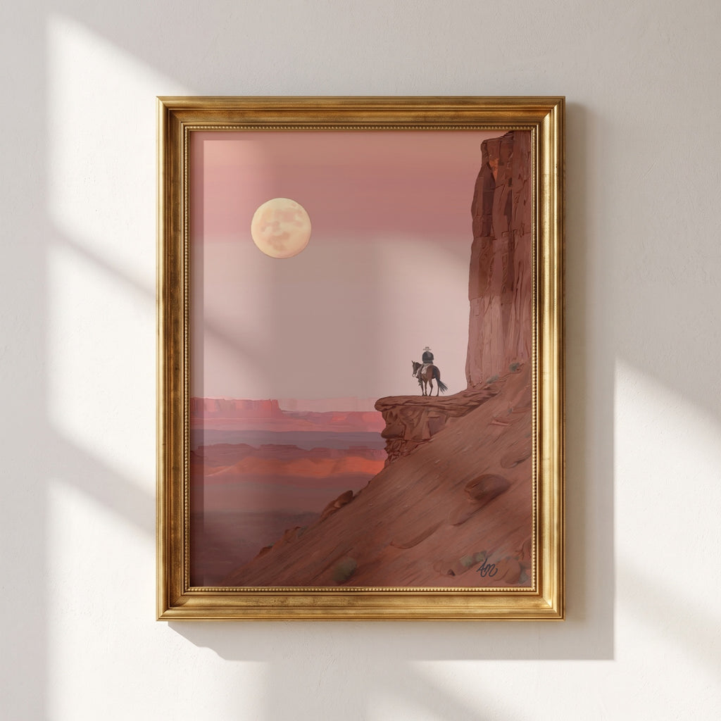 Desert Moon western fine art print framed in gold on a warm neutral wall