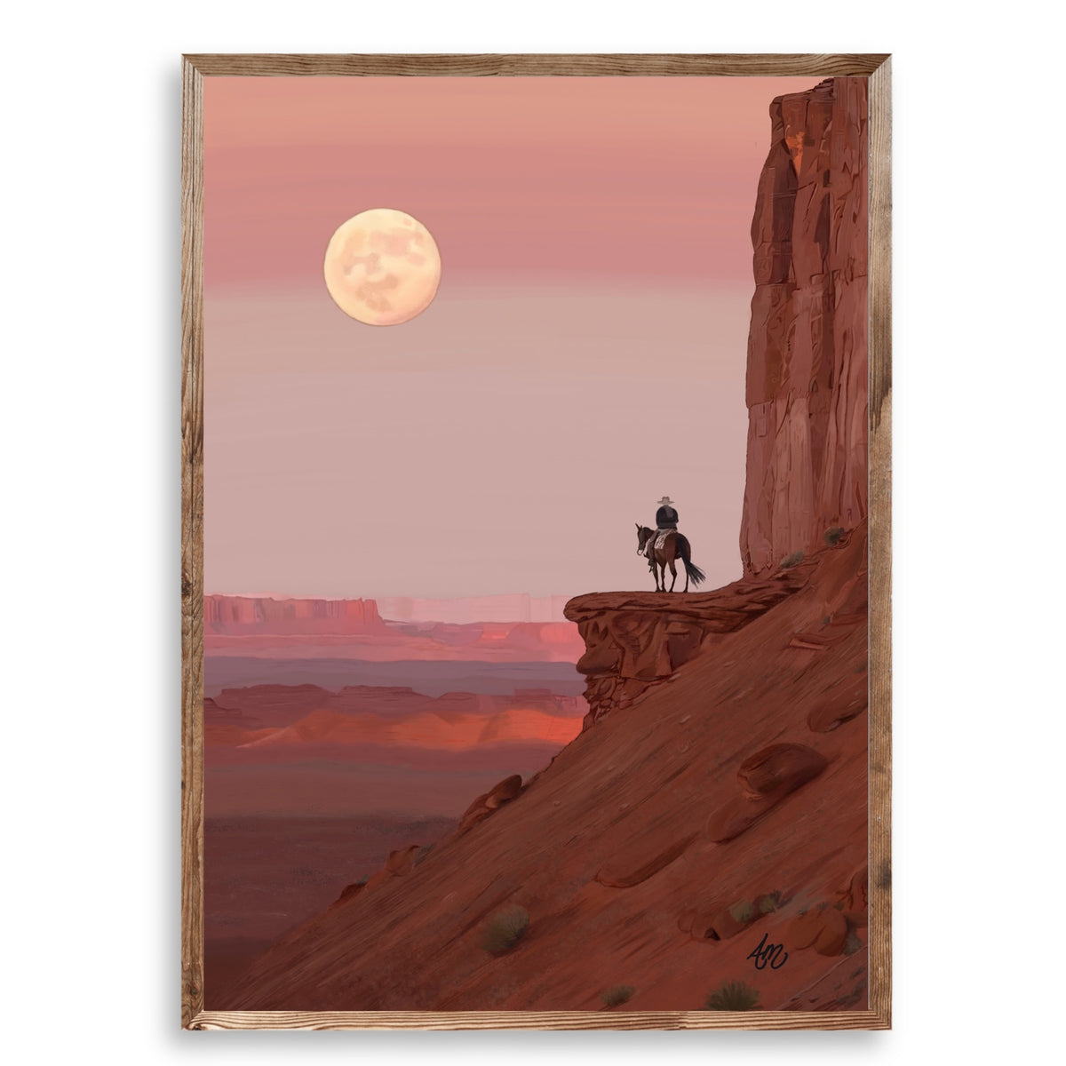 Desert Moon western fine art print shown in a natural wood frame