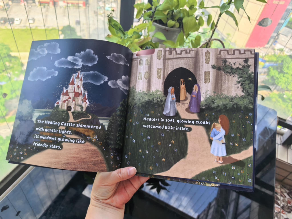 Interior spread from The Girl Who Woke the Stars showing the Healing Castle and Ellie with her mother