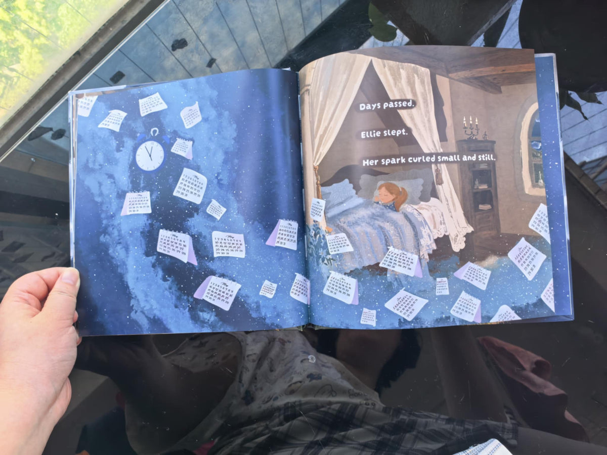 Interior spread from The Girl Who Woke the Stars showing Ellie resting in bed