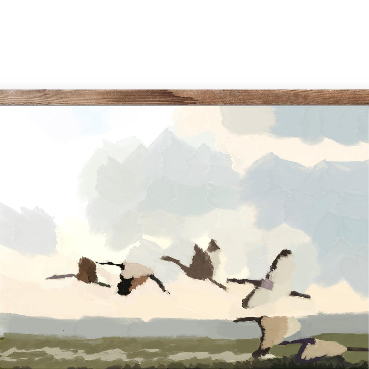 Close detail of Marsh Crossing showing birds beneath a softly painted clouded sky