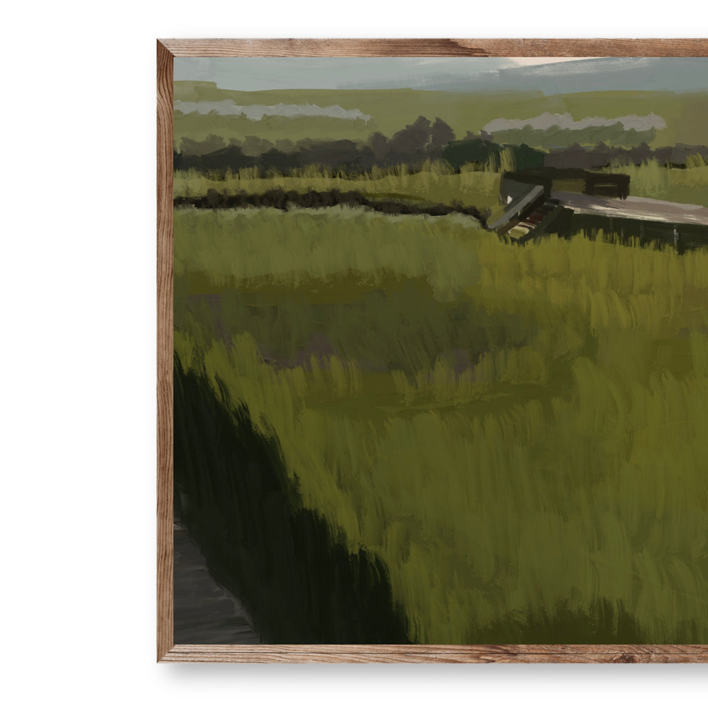 Close detail of Marsh Crossing showing layered marsh grasses and painterly brushwork