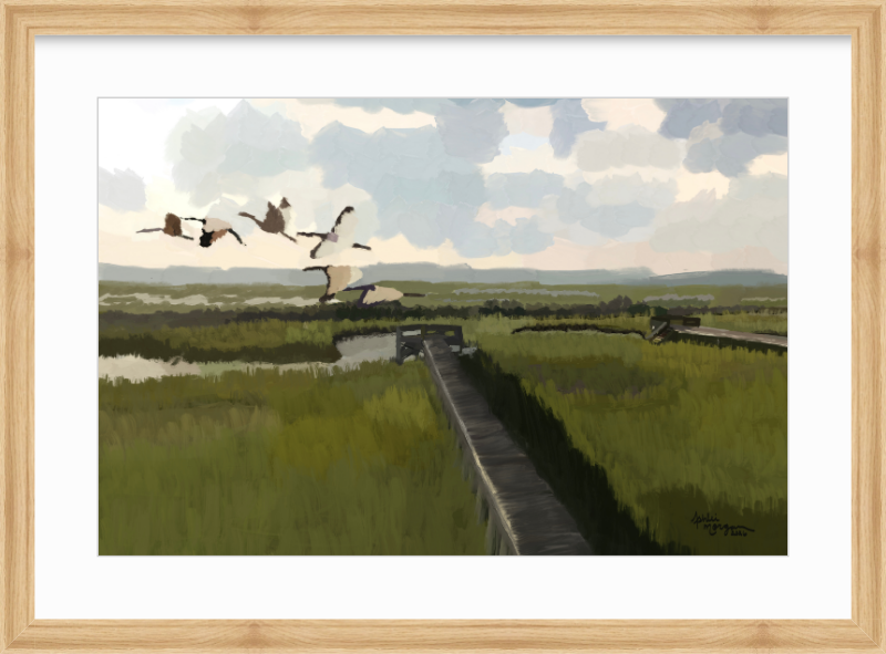 Marsh Crossing fine art print in a light natural wood frame with a white mat