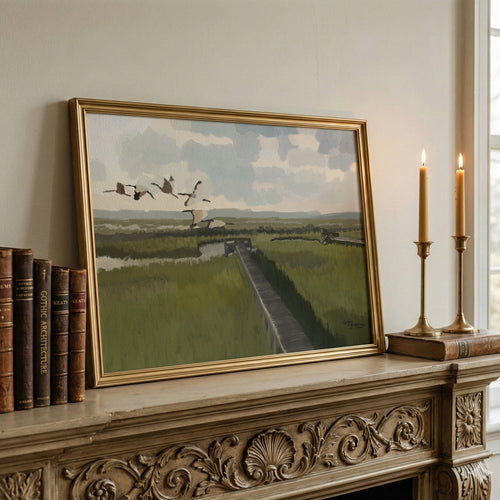 Marsh Crossing coastal fine art print styled on a mantel in a gold frame