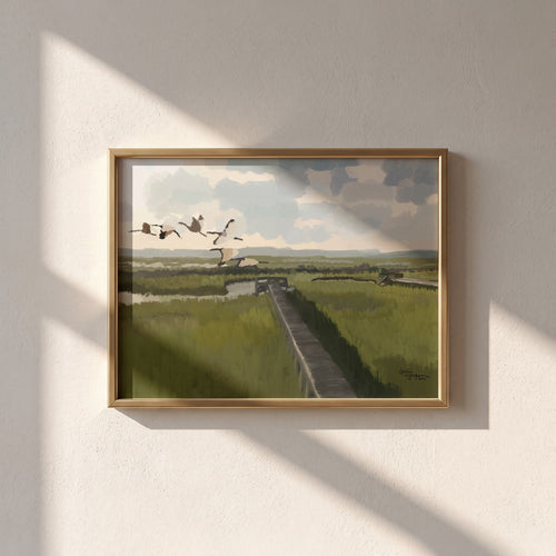 Marsh Crossing fine art print framed in gold on a warm neutral wall