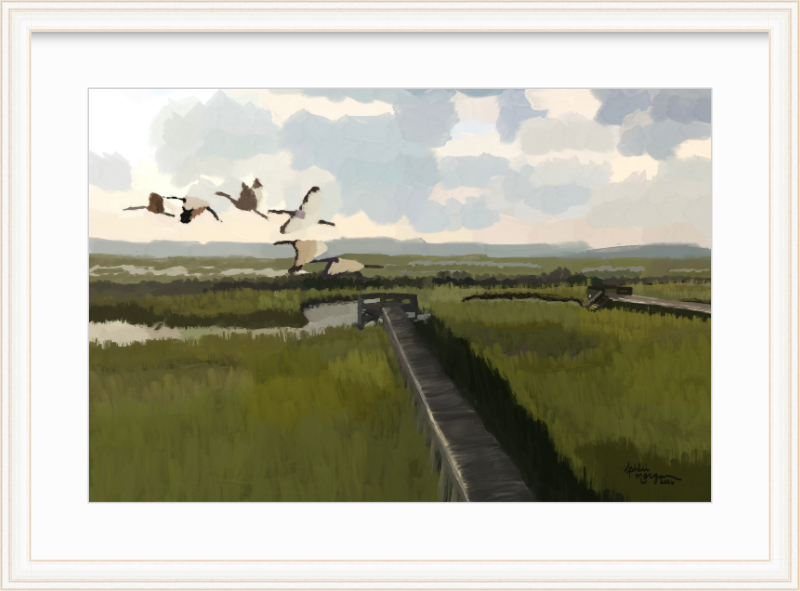 Marsh Crossing fine art print in a white frame with a white mat