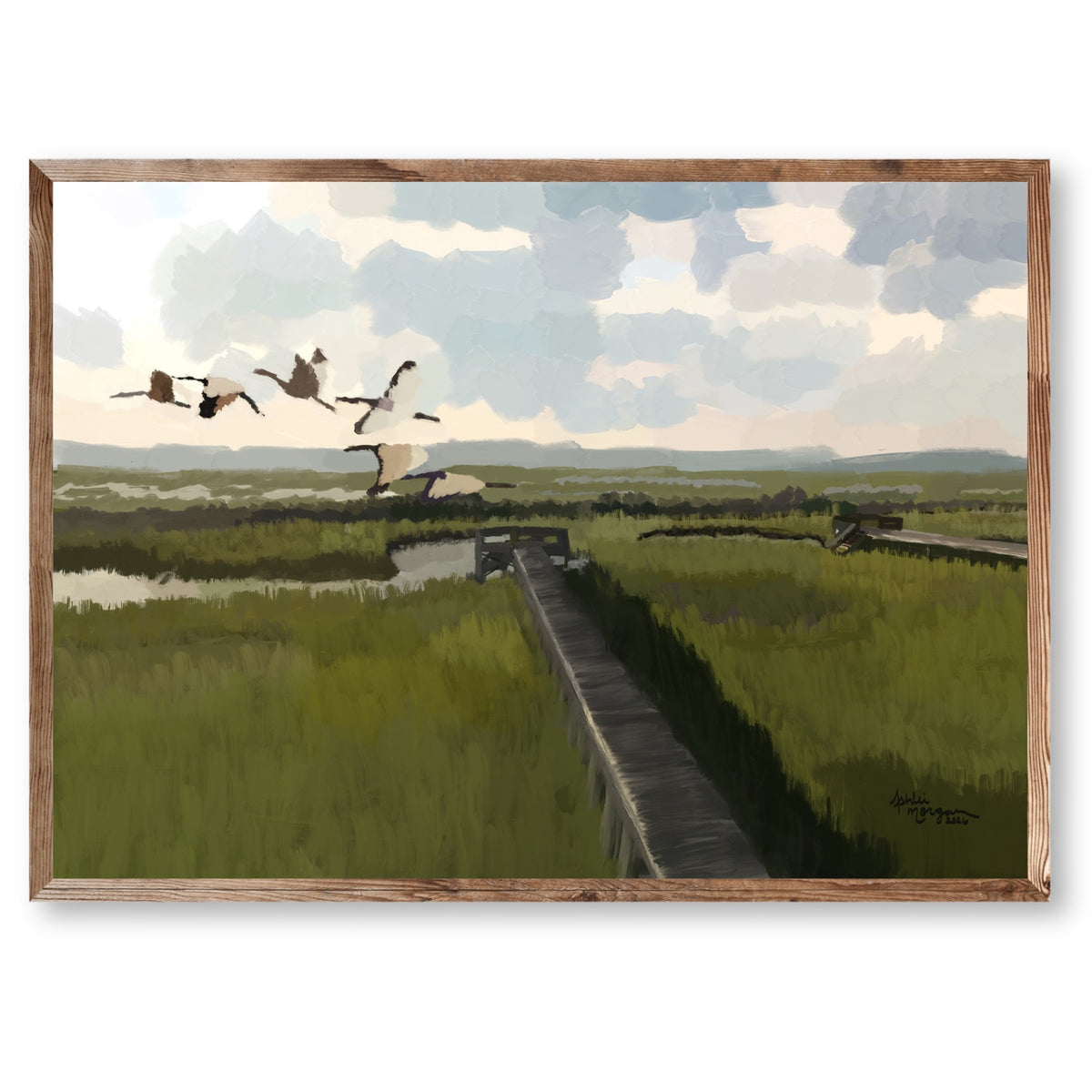 Marsh Crossing fine art print shown in a natural wood frame
