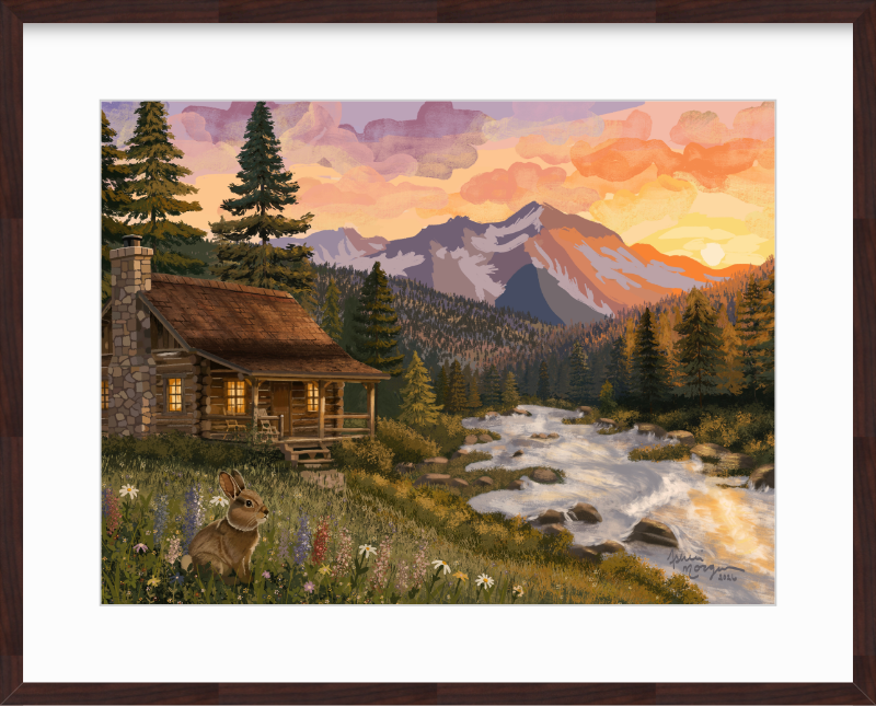 Mountain Haven fine art print in a dark wood frame with a white mat