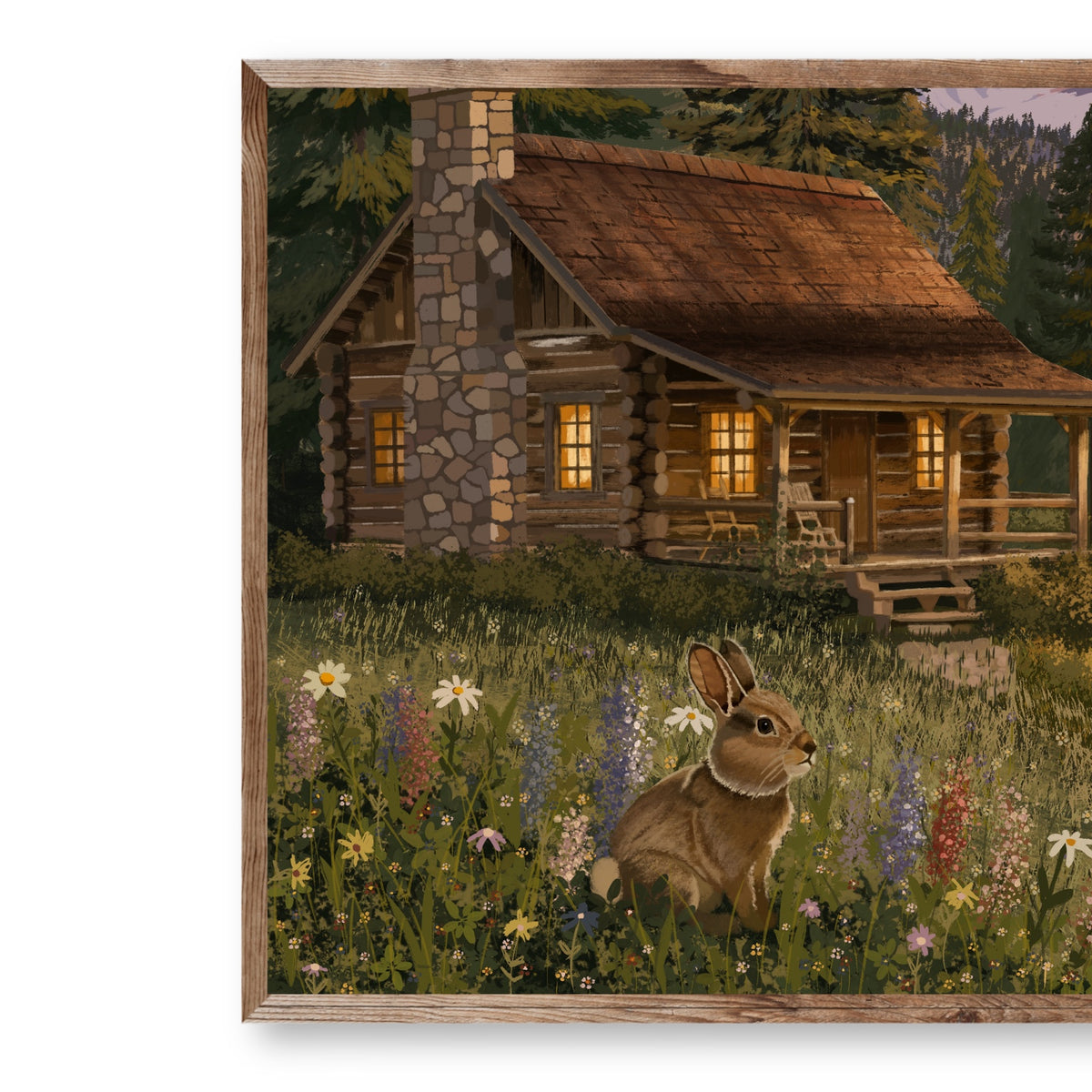 Close detail of Mountain Haven showing the cozy cabin, rabbit, and wildflowers
