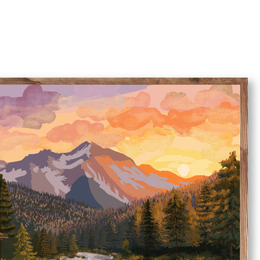 Close detail of Mountain Haven showing sunset-lit mountains and evergreen forest