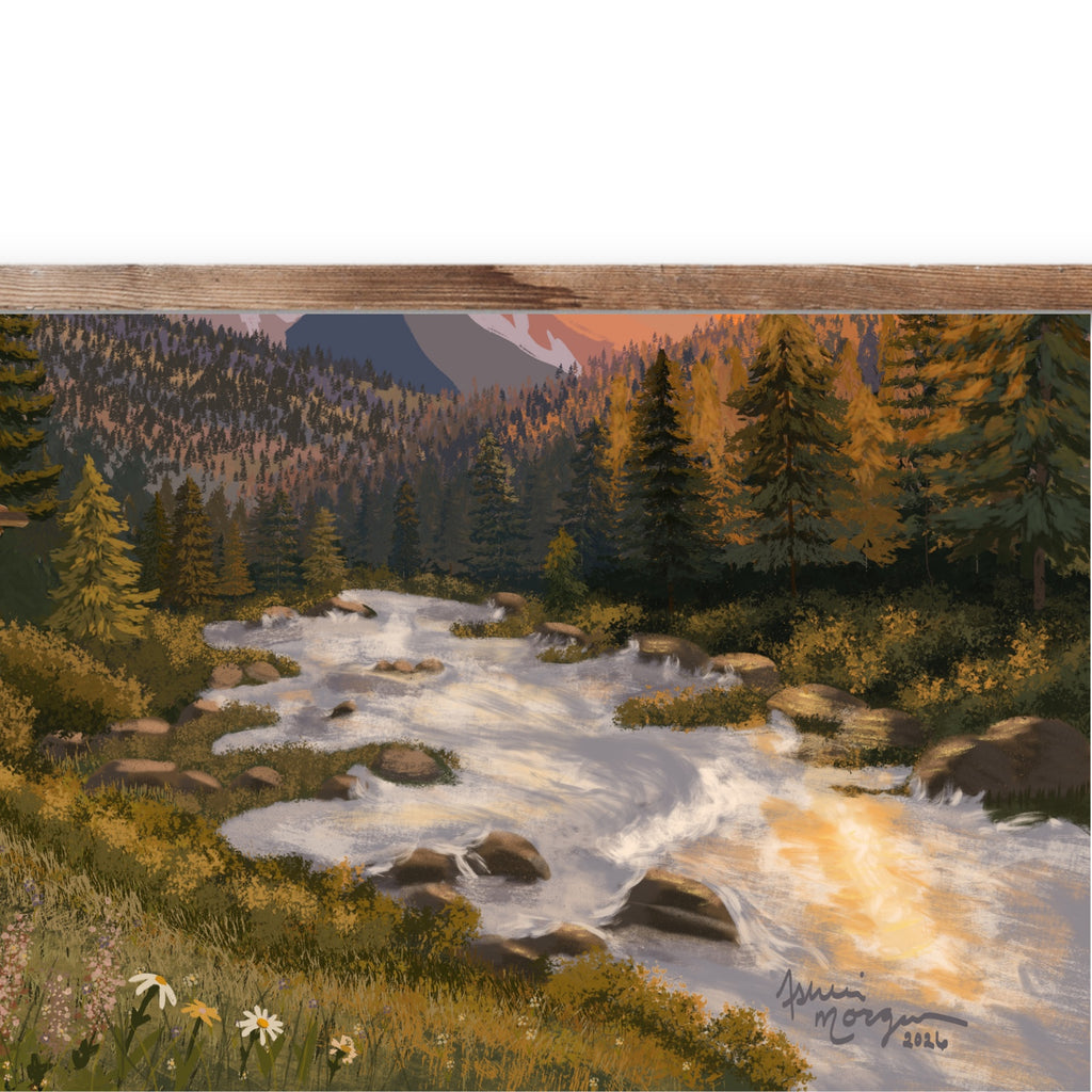 Close detail of Mountain Haven showing the rushing river, rocks, and reflected sunset light