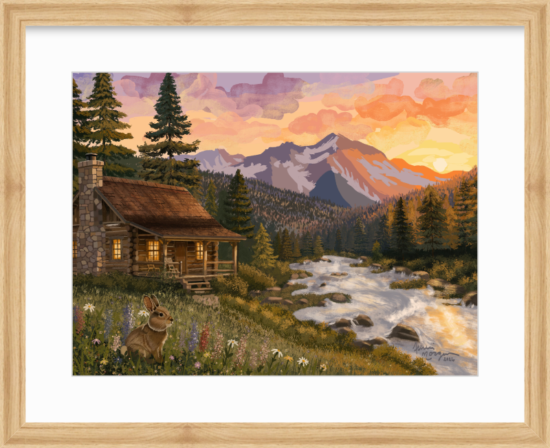 Mountain Haven fine art print in a light natural wood frame with a white mat