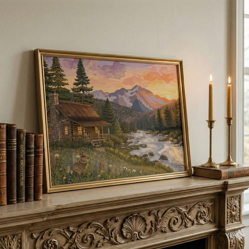 Mountain Haven fine art print styled on a mantel in a gold frame