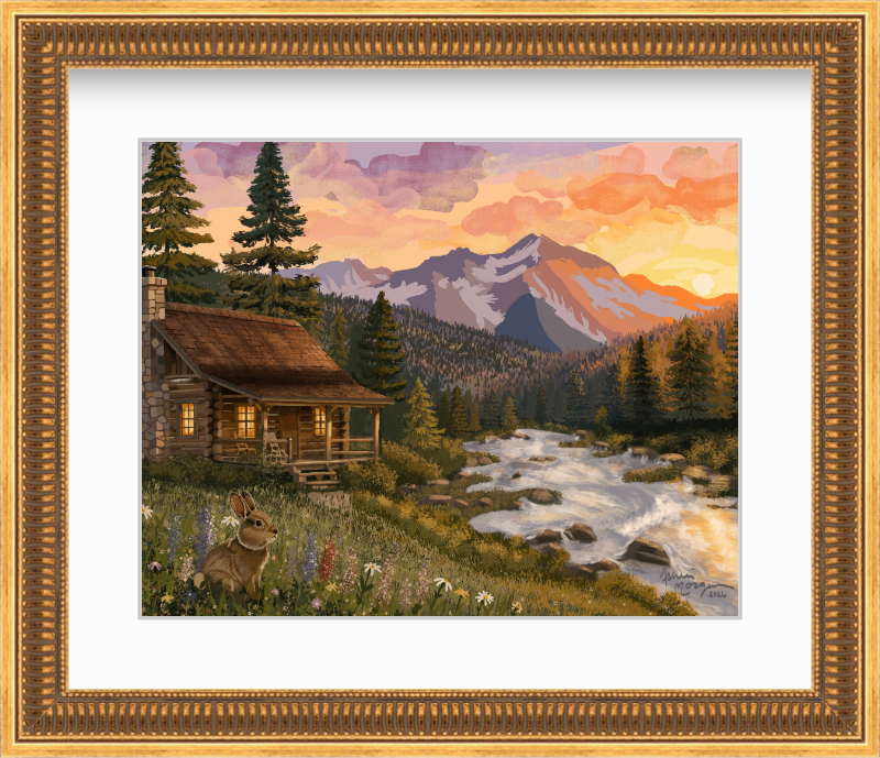 Mountain Haven fine art print in an ornate gold frame with a white mat