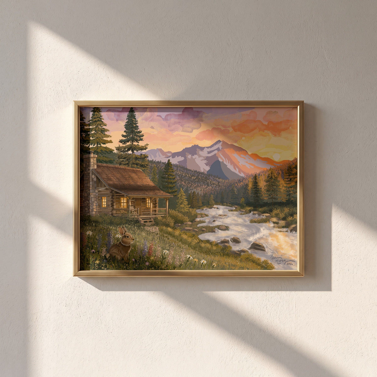 Mountain Haven fine art print framed in gold on a warm neutral wall