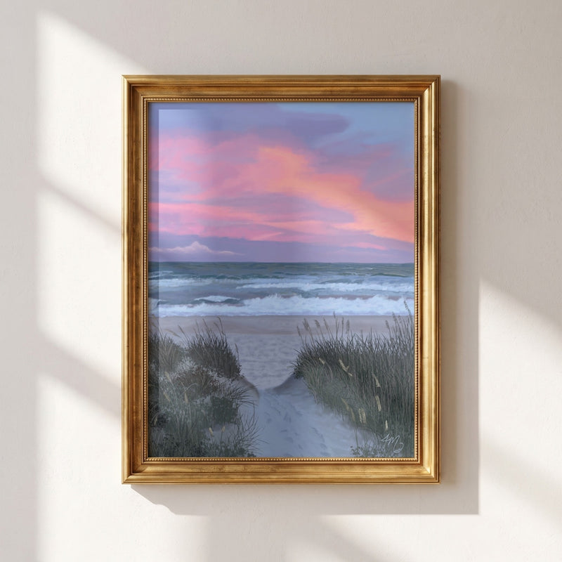 Where the Light Lingers coastal fine art print in a light gold frame