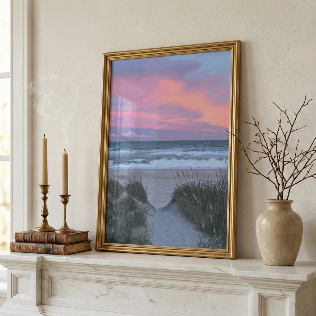 Where the Light Lingers coastal artwork styled on a mantel in a light gold frame