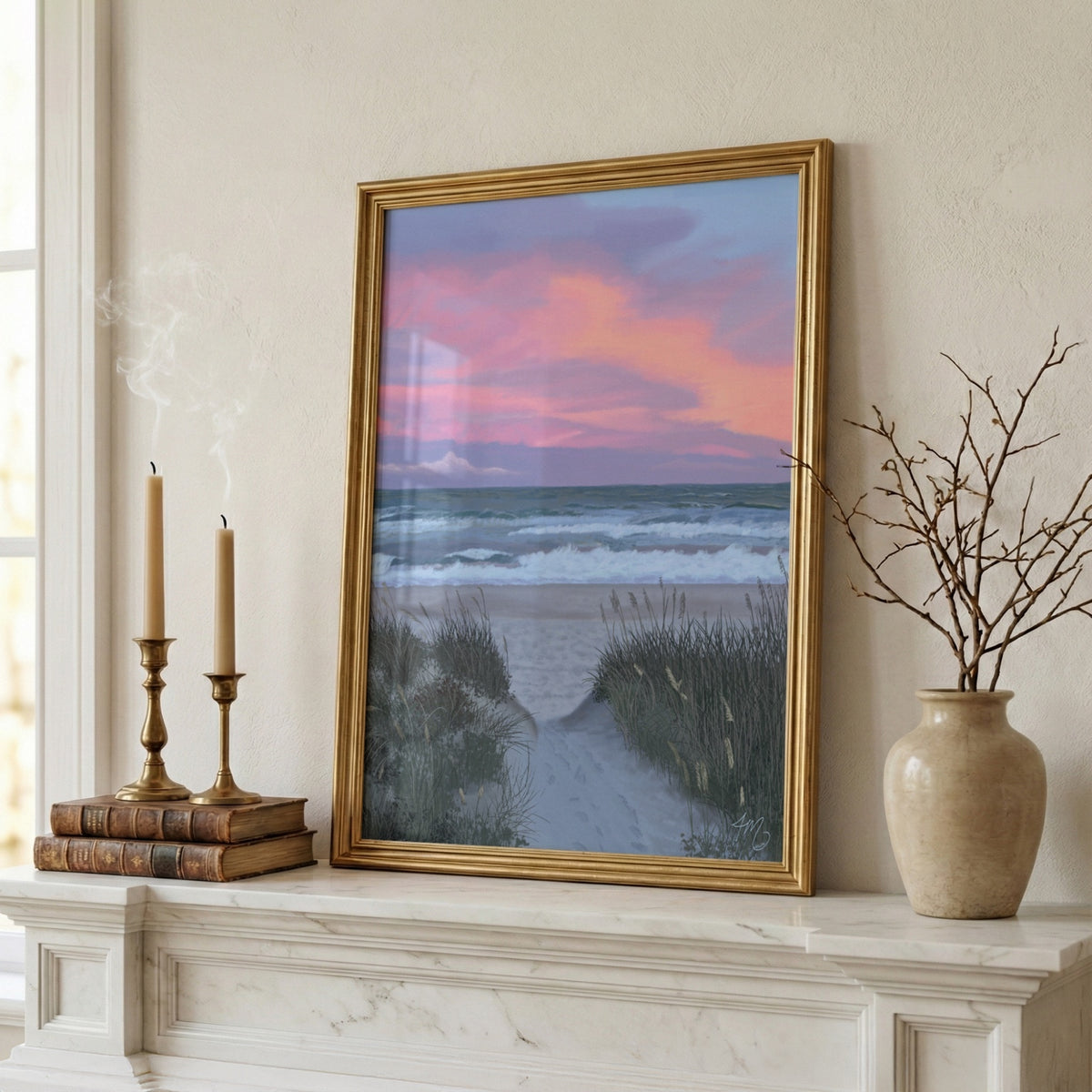 Where the Light Lingers coastal artwork styled on a mantel in a light gold frame