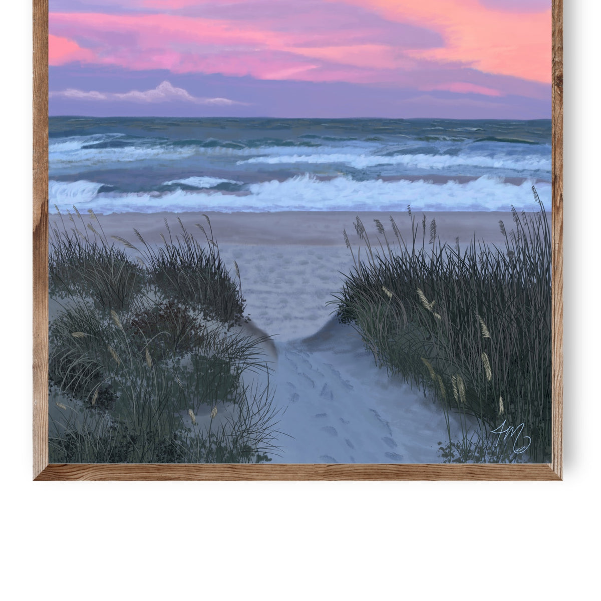 Where the Light Lingers coastal fine art print in a light natural wood frame
