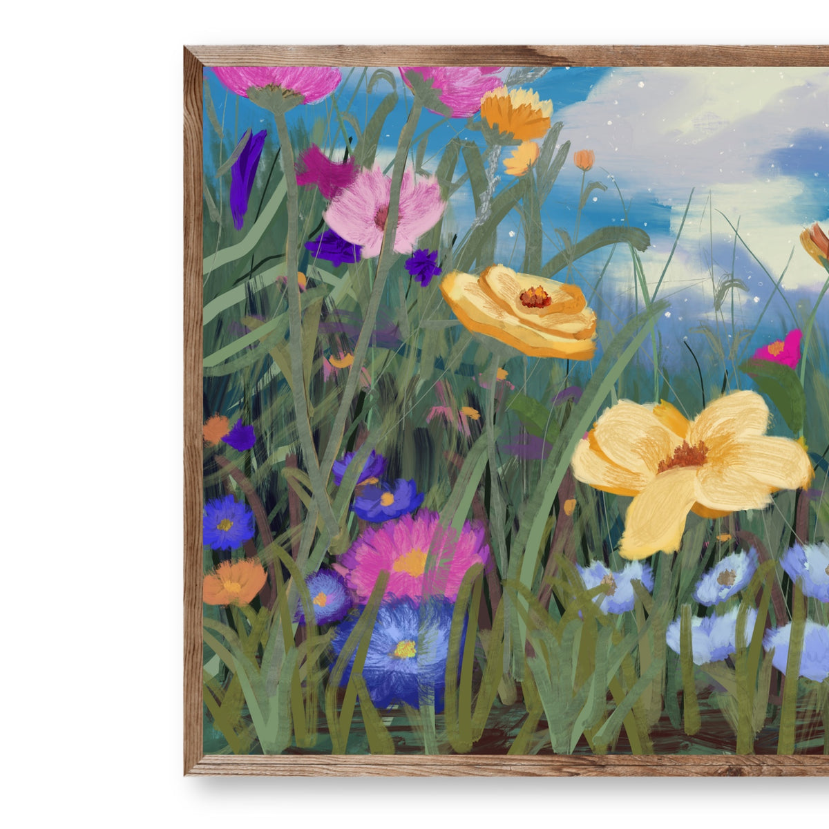 Close detail of Wildflower Sky showing layered pink, yellow, blue, and purple flowers