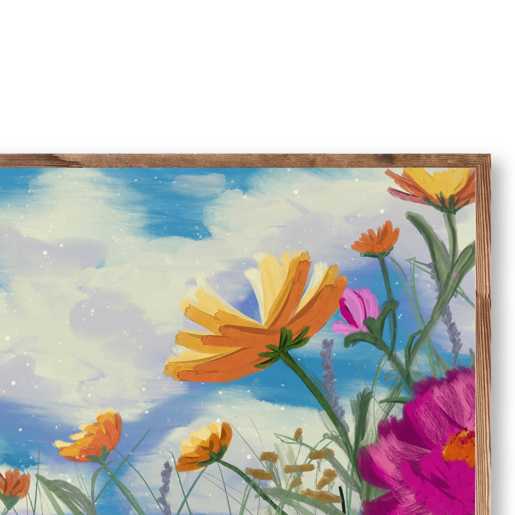 Close detail of Wildflower Sky showing orange and pink wildflowers against a blue sky
