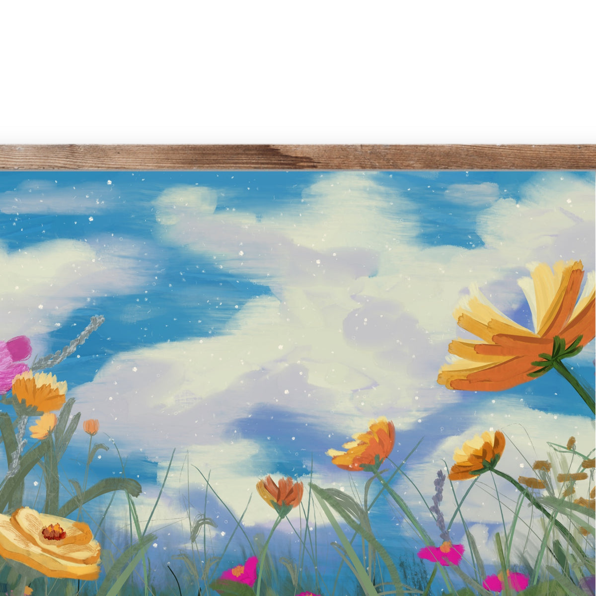 Close detail of Wildflower Sky showing the blue sky, soft clouds, and orange wildflowers