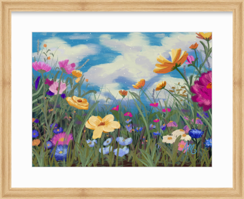 Wildflower Sky fine art print in a light natural wood frame with a white mat