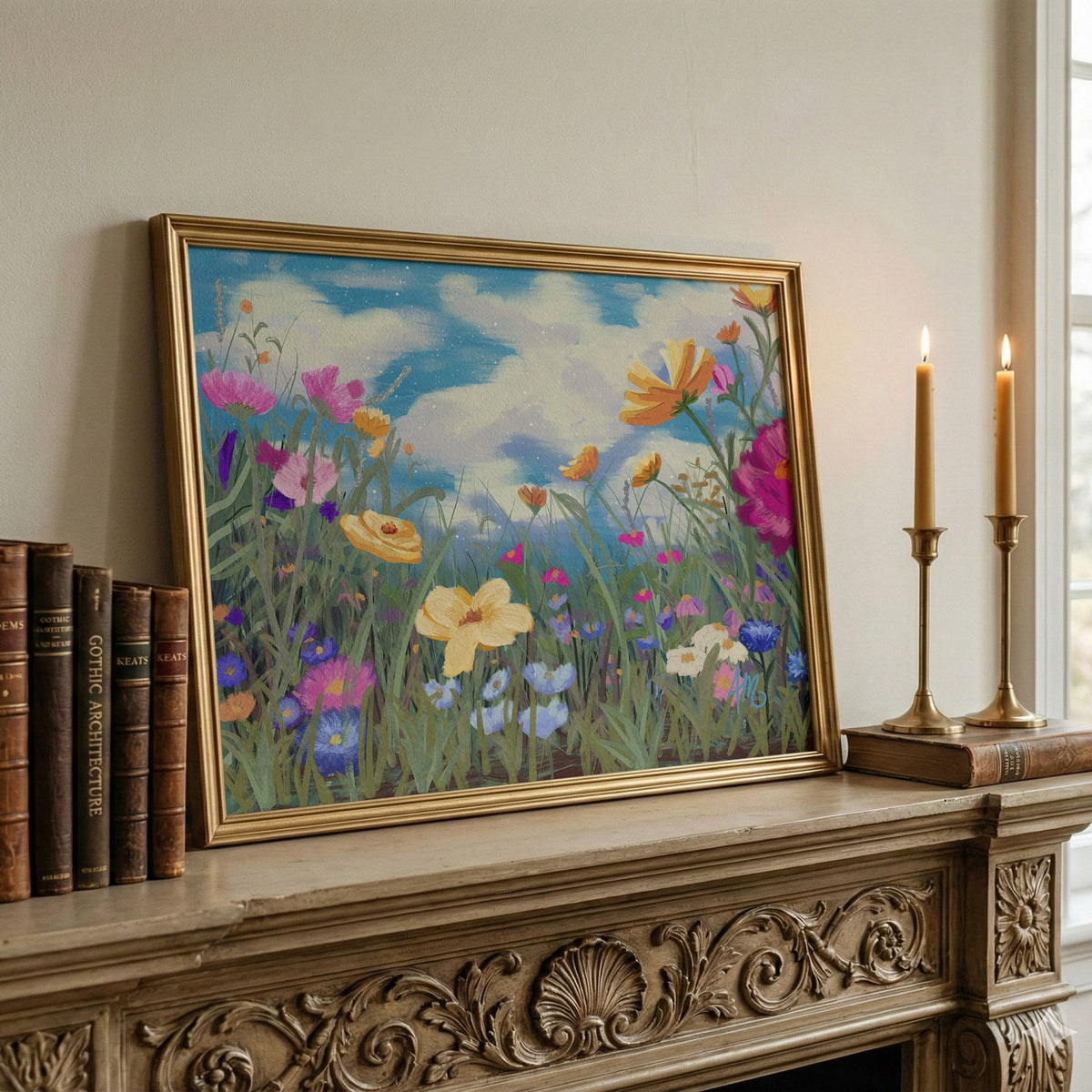 Wildflower Sky floral fine art print styled on a mantel in a gold frame