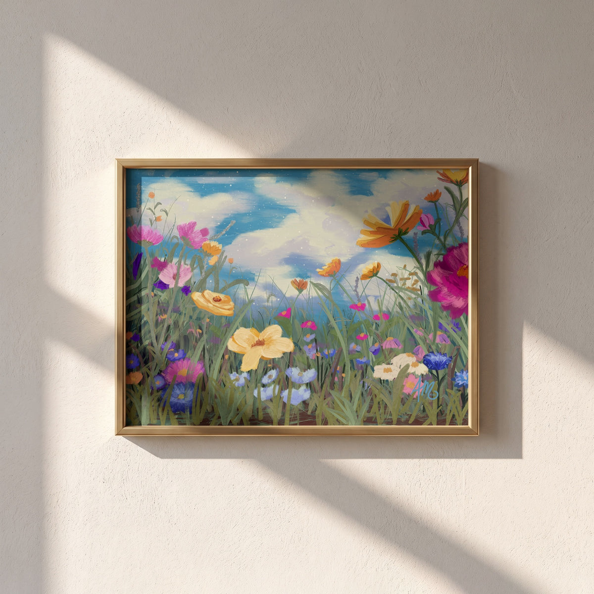 Wildflower Sky floral fine art print framed in gold on a warm neutral wall