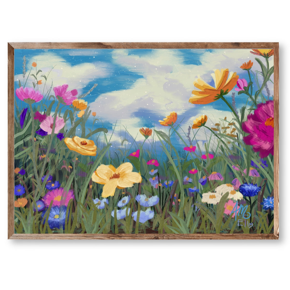 Wildflower Sky fine art print shown in a natural wood frame